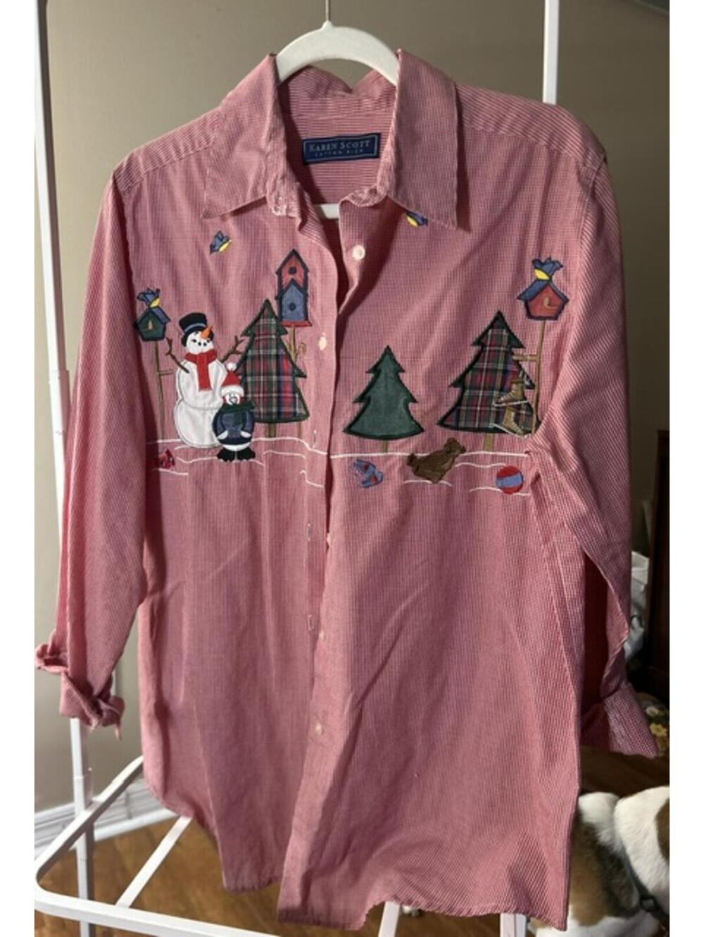 Karen Scott Red Gingham Button-Up Shirt Christmas with Winter Applique Sz M